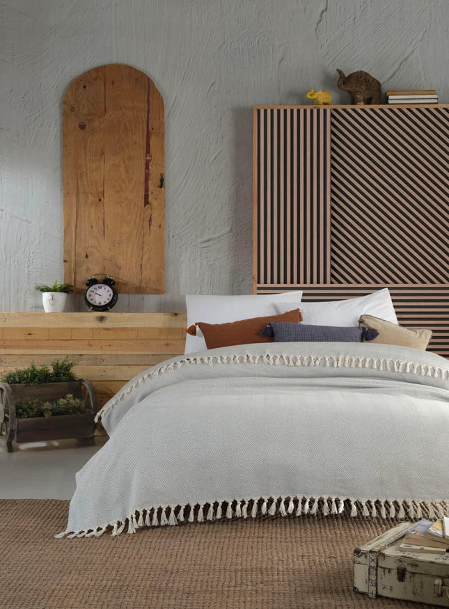 Recycled Cotton Throw in Herringbone Pattern Gray