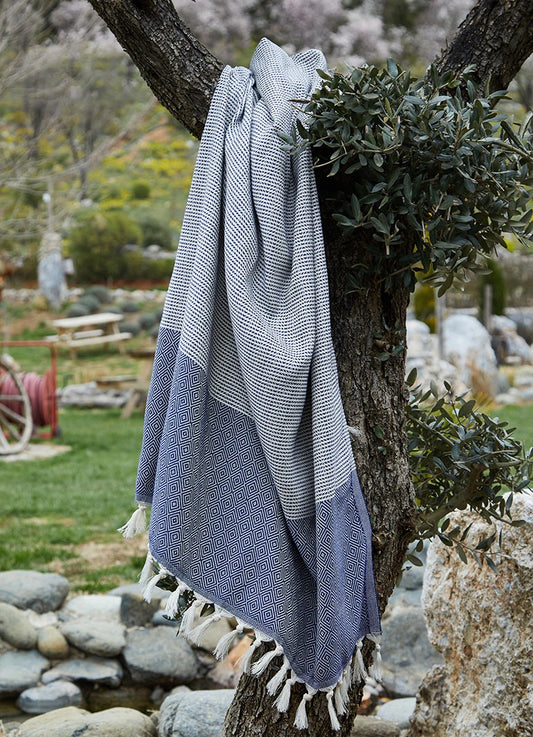 Striped Diamond Pattern Hammam Towel Dark Blue