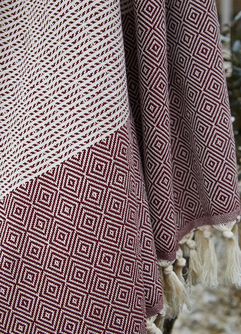 Striped Diamond Pattern Hammam Towel Dark Red