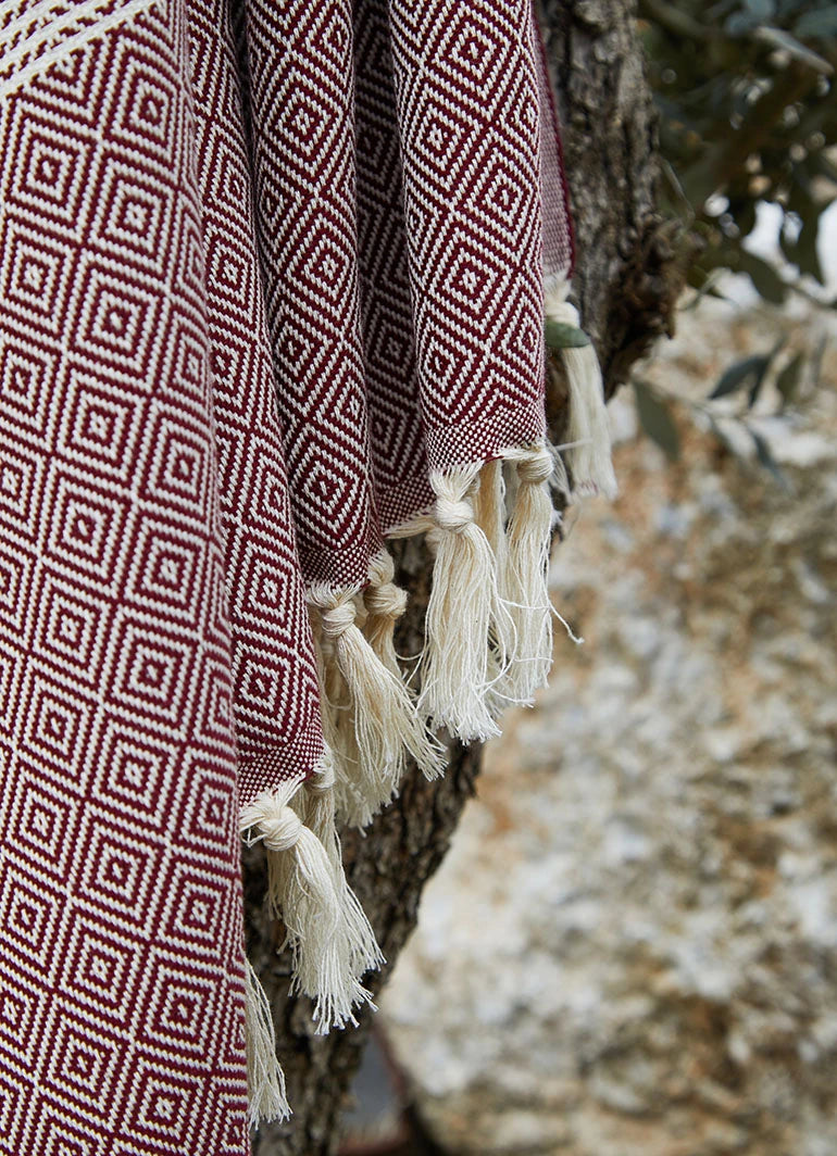 Striped Diamond Pattern Hammam Towel Dark Red