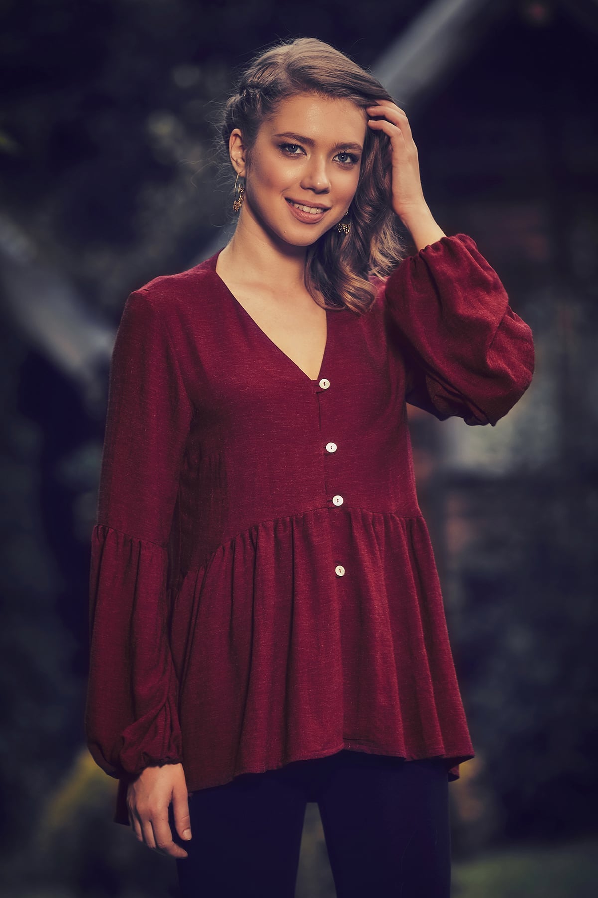 Maroon V Neck Bohemian Shabby Authentic Blouse