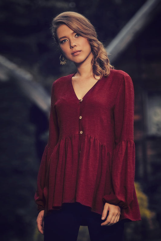 Maroon V Neck Bohemian Shabby Authentic Blouse