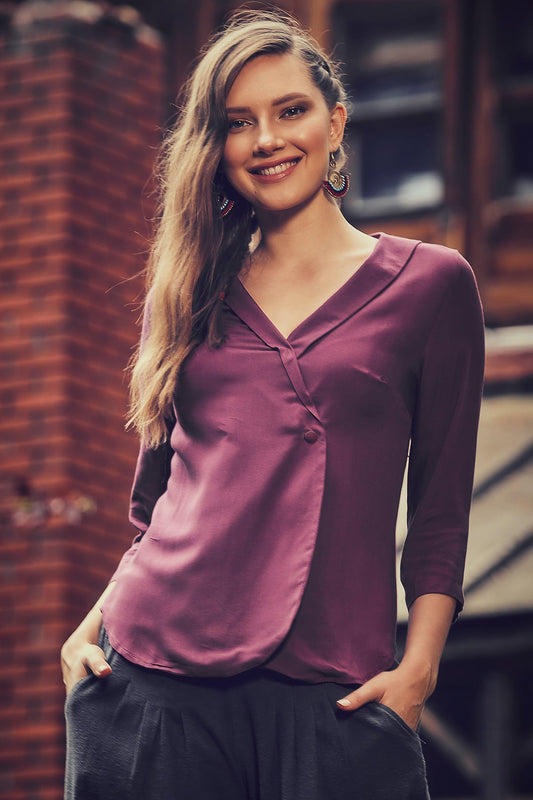 Purple V Neck Bohemian Blouse