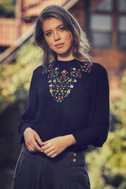 Floral Embroidered Blouse Black