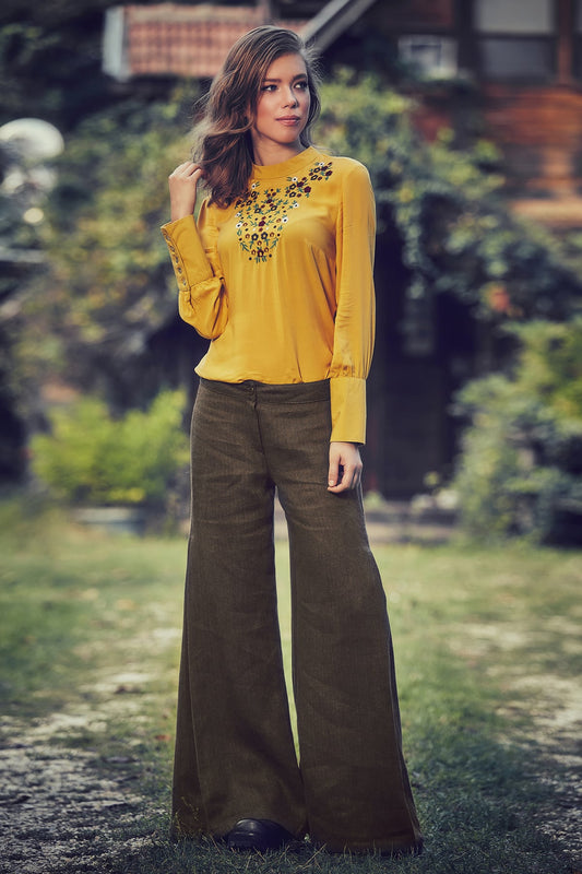 Camel Pleated Bell Bottom Pants
