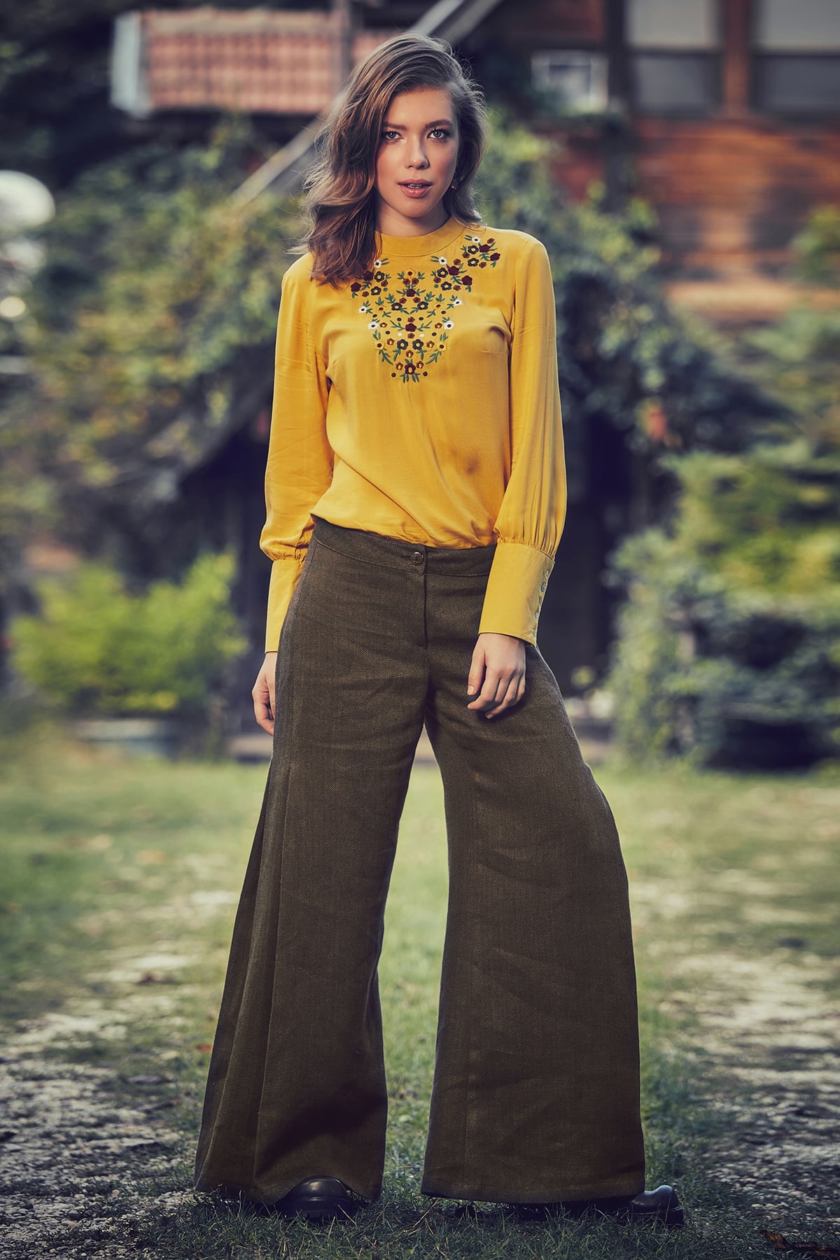 Camel Pleated Bell Bottom Pants