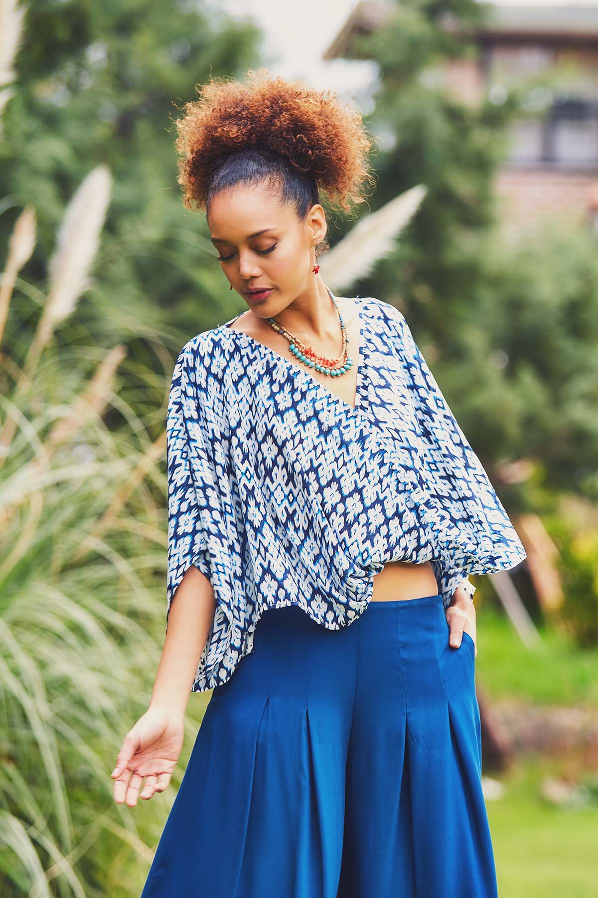 White Printed Double Breasted Boho Top