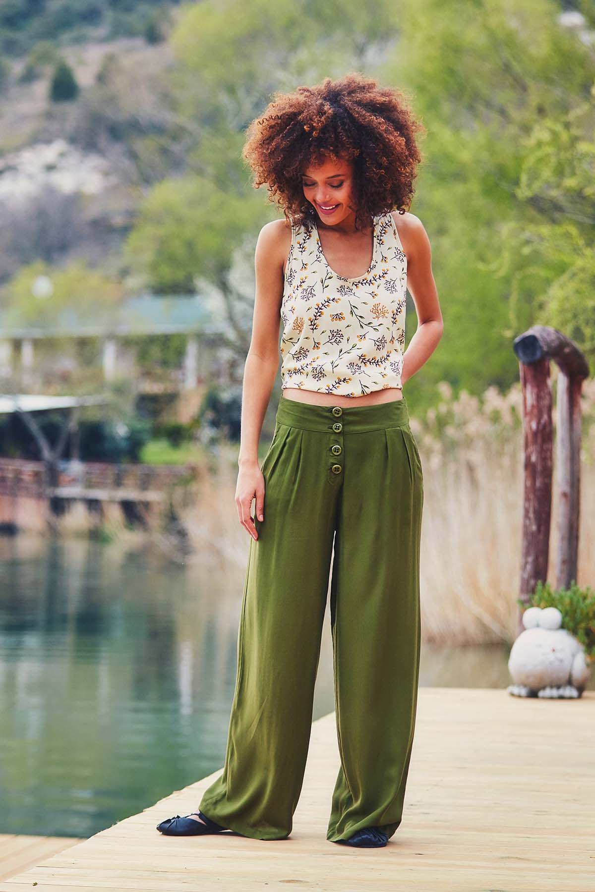 Khaki Loose Fit Boho Pants
