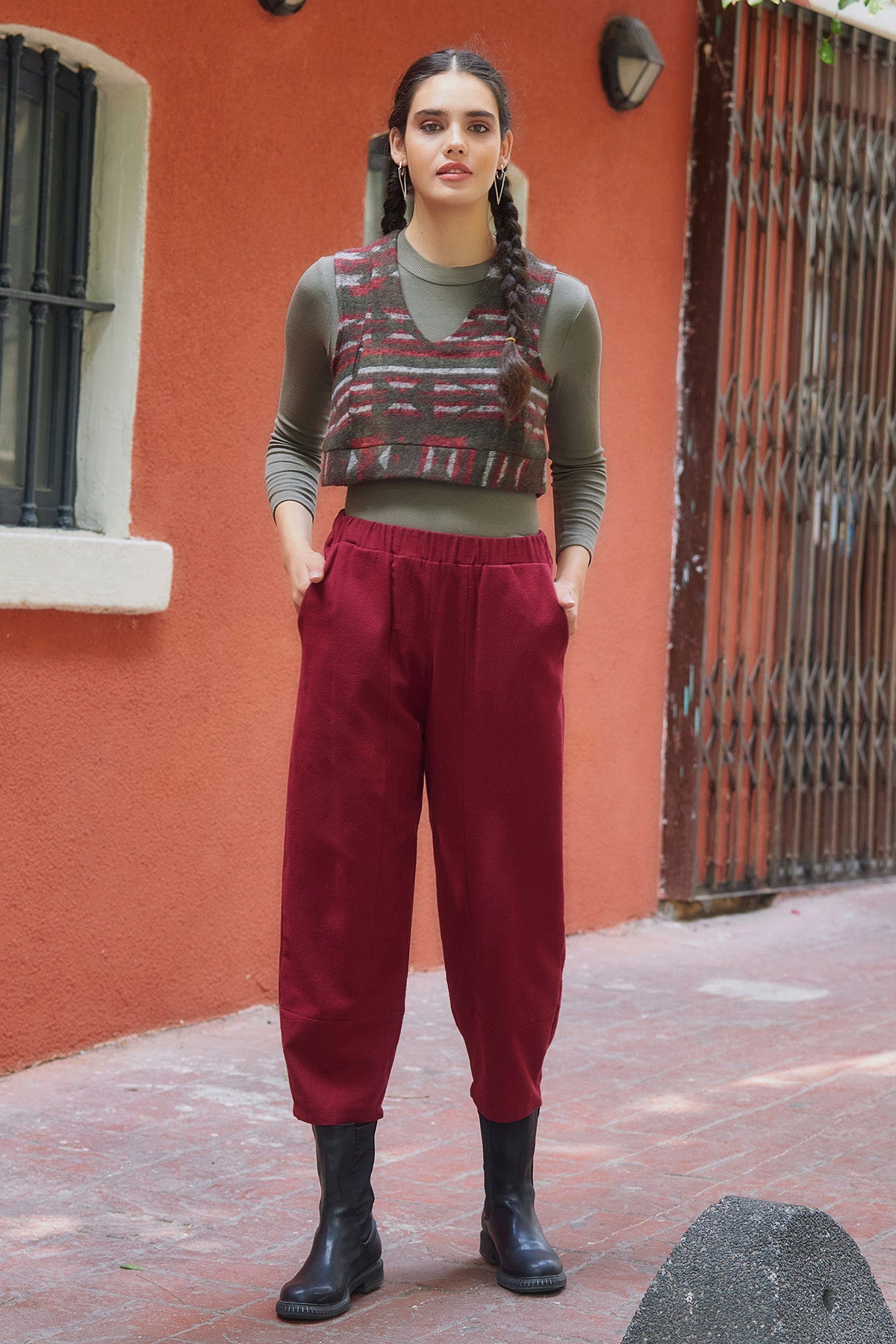 Maroon Boho Pants with Elastic Waist