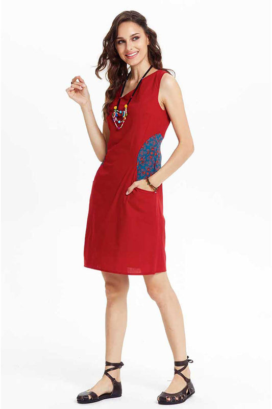 Maroon Elegance Cotton Dress with Patterned Pockets