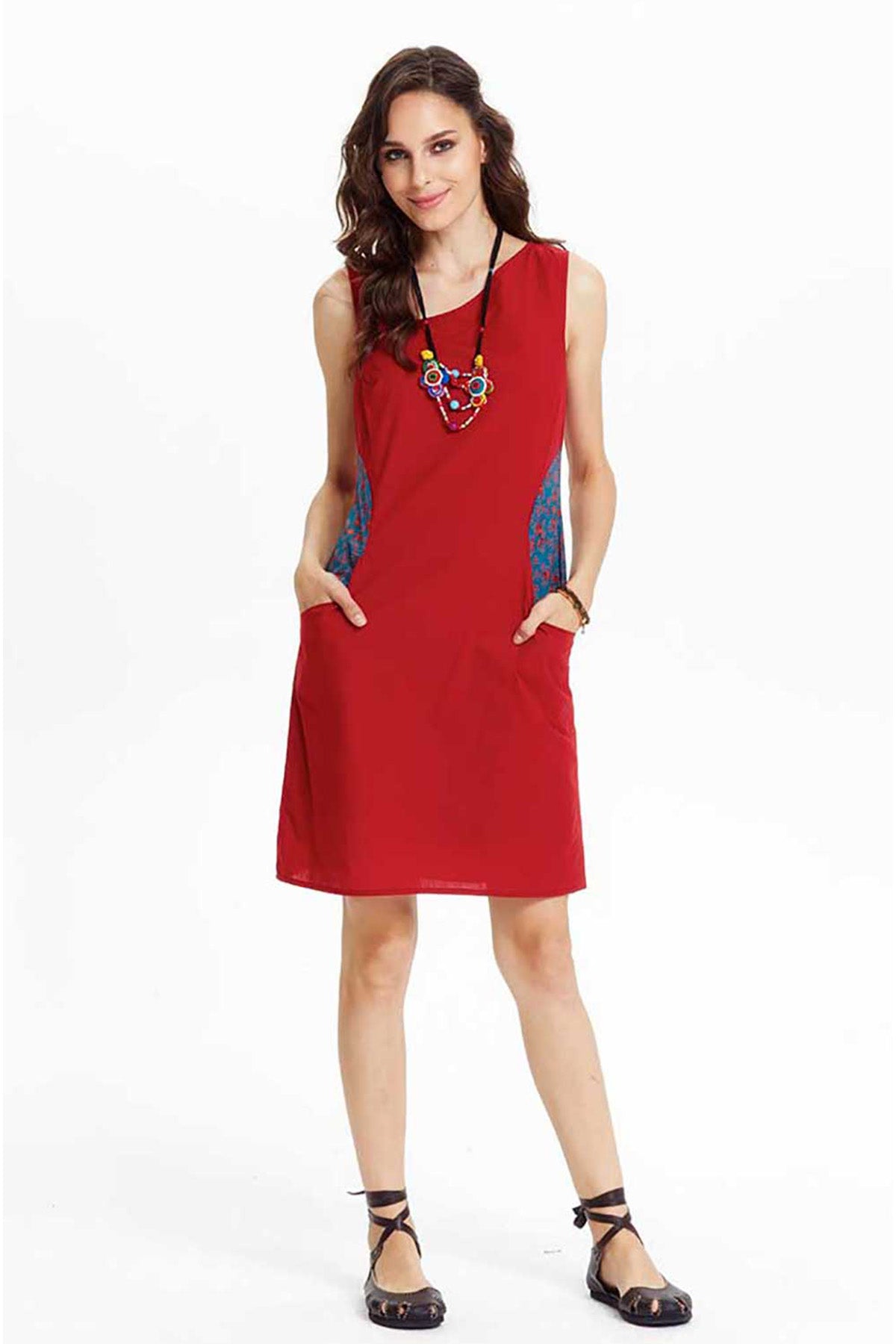 Maroon Elegance Cotton Dress with Patterned Pockets