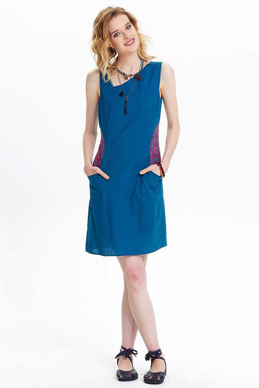 Petrol Blue Elegance Cotton Dress with Patterned Pockets