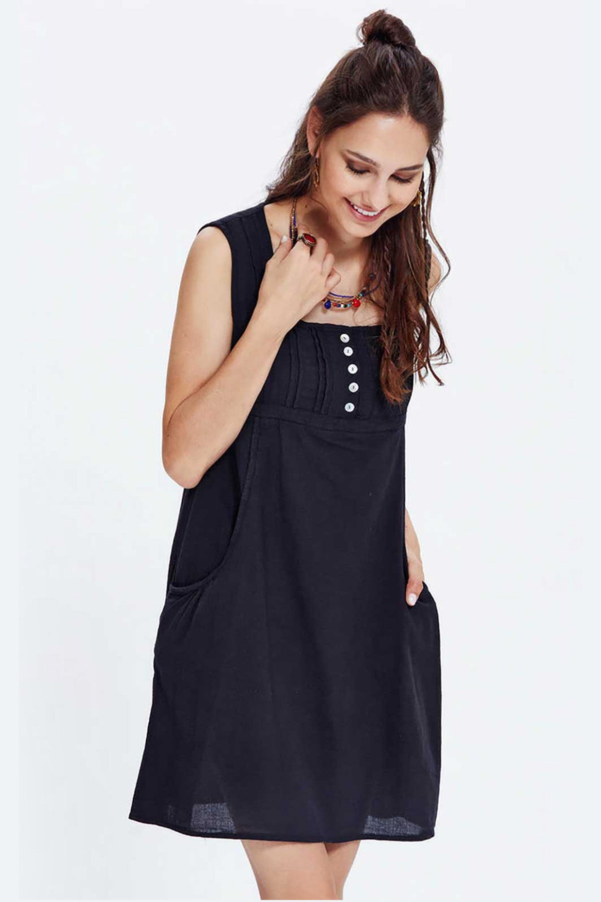 Square Neck Cotton Mini Black Dress