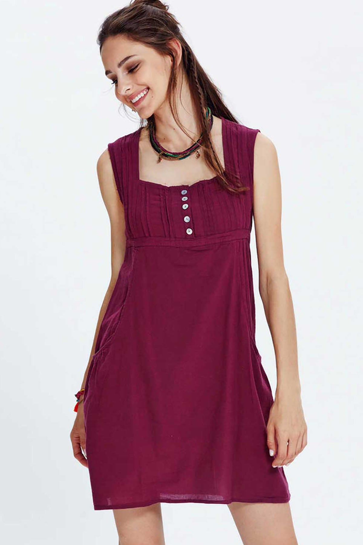 Square Neck Cotton Mini Purple Dress