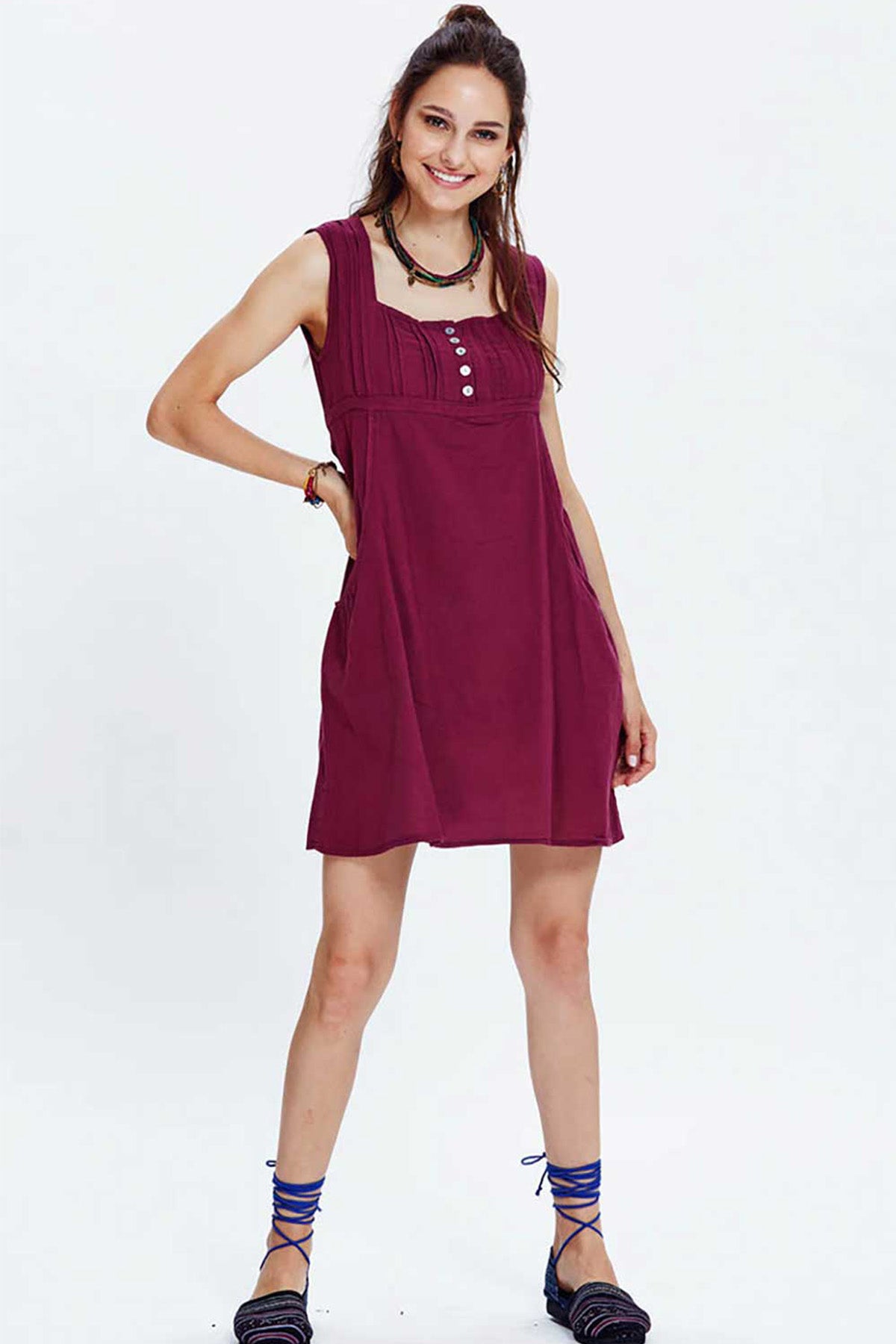 Square Neck Cotton Mini Purple Dress