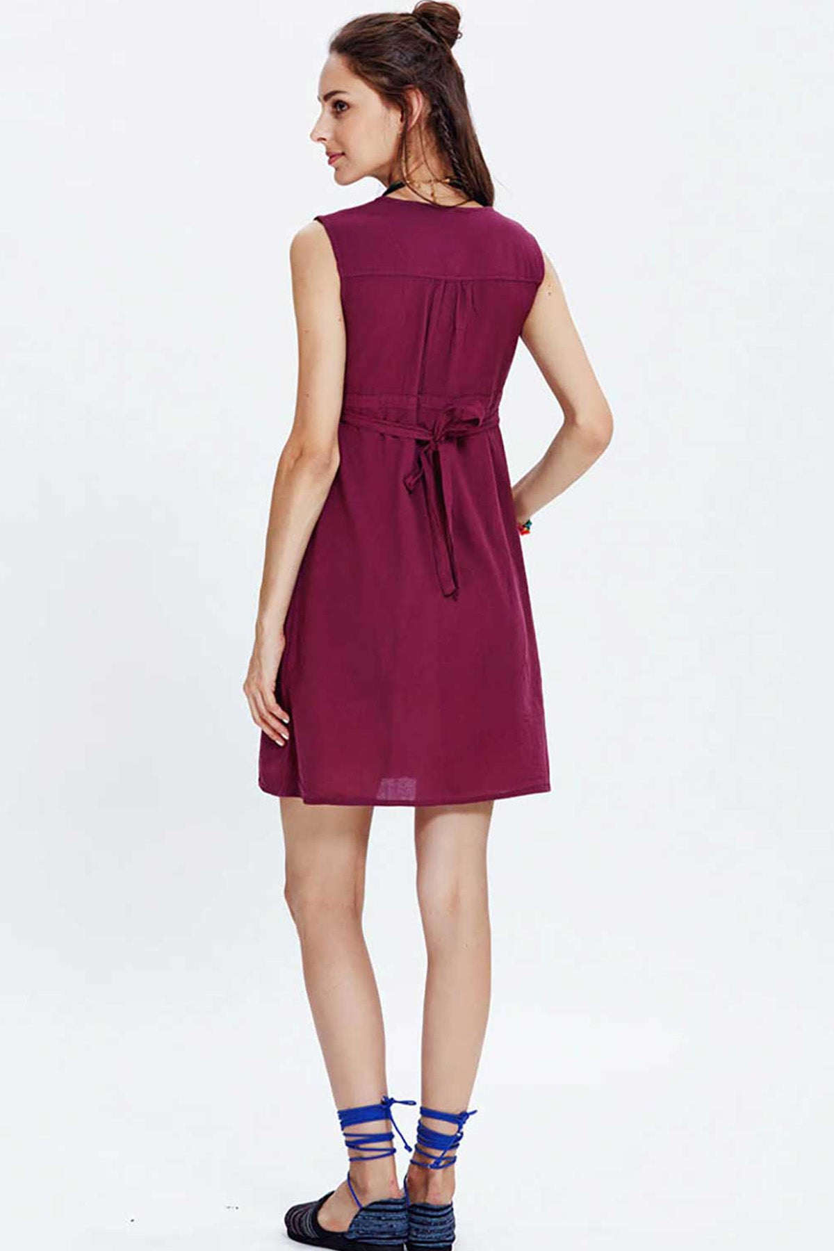 Square Neck Cotton Mini Purple Dress