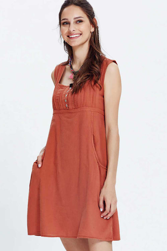 Square Neck Cotton Mini Burnt Orange Dress
