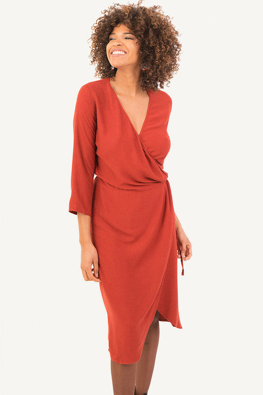 Burnt Orange Wrap Boho Dress