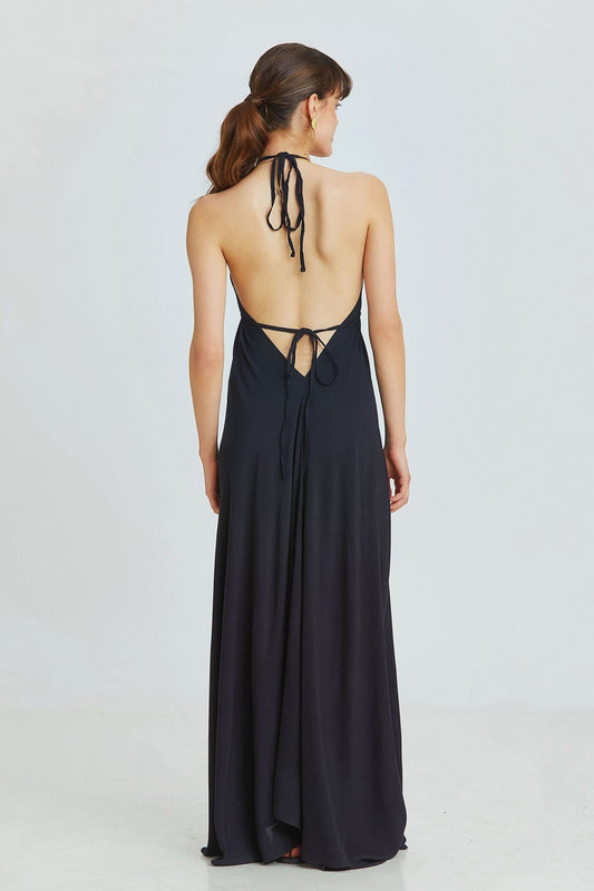 Asymmetric Black Bohemian Dress with Deep Back Neckline