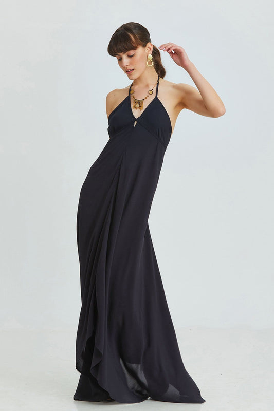 Asymmetric Black Bohemian Dress with Deep Back Neckline