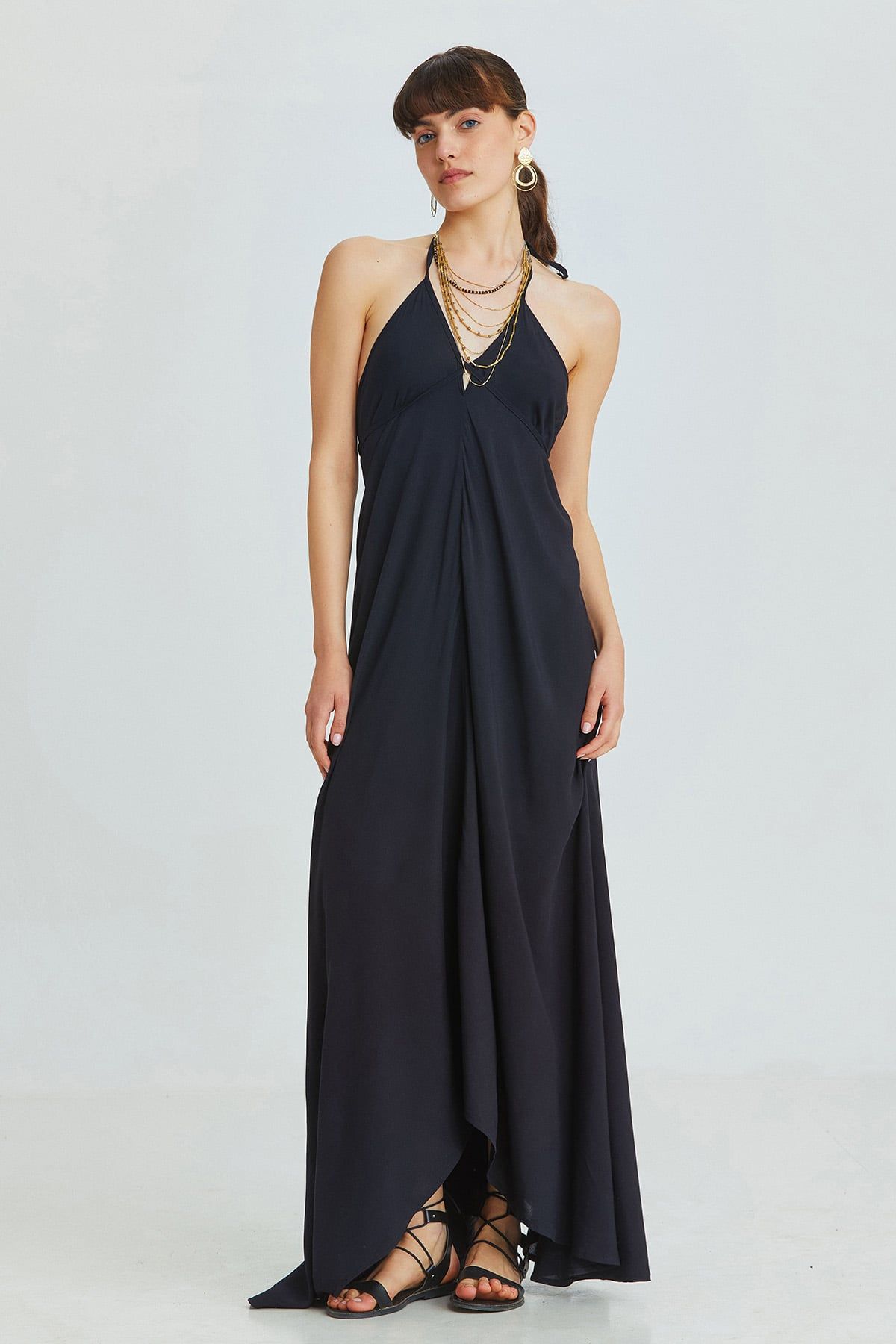 Asymmetric Black Bohemian Dress with Deep Back Neckline