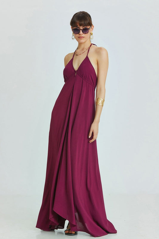 Asymmetric Purple Bohemian Dress with Deep Back Neckline