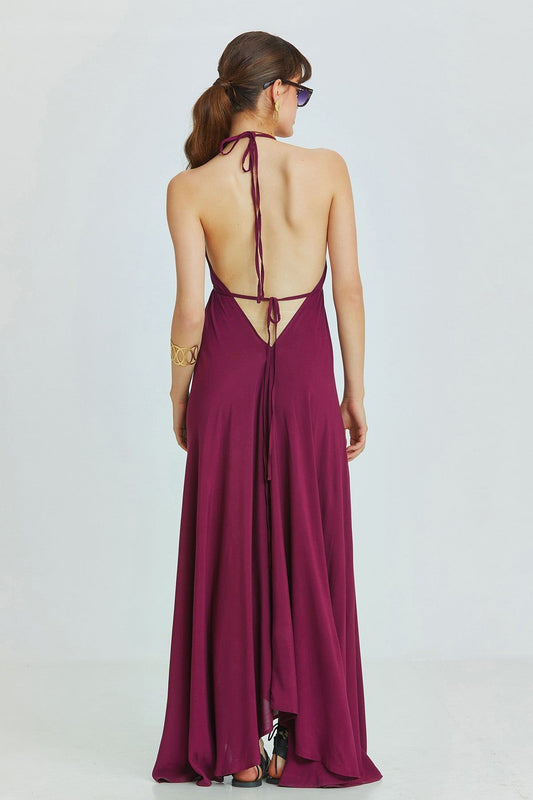 Asymmetric Purple Bohemian Dress with Deep Back Neckline