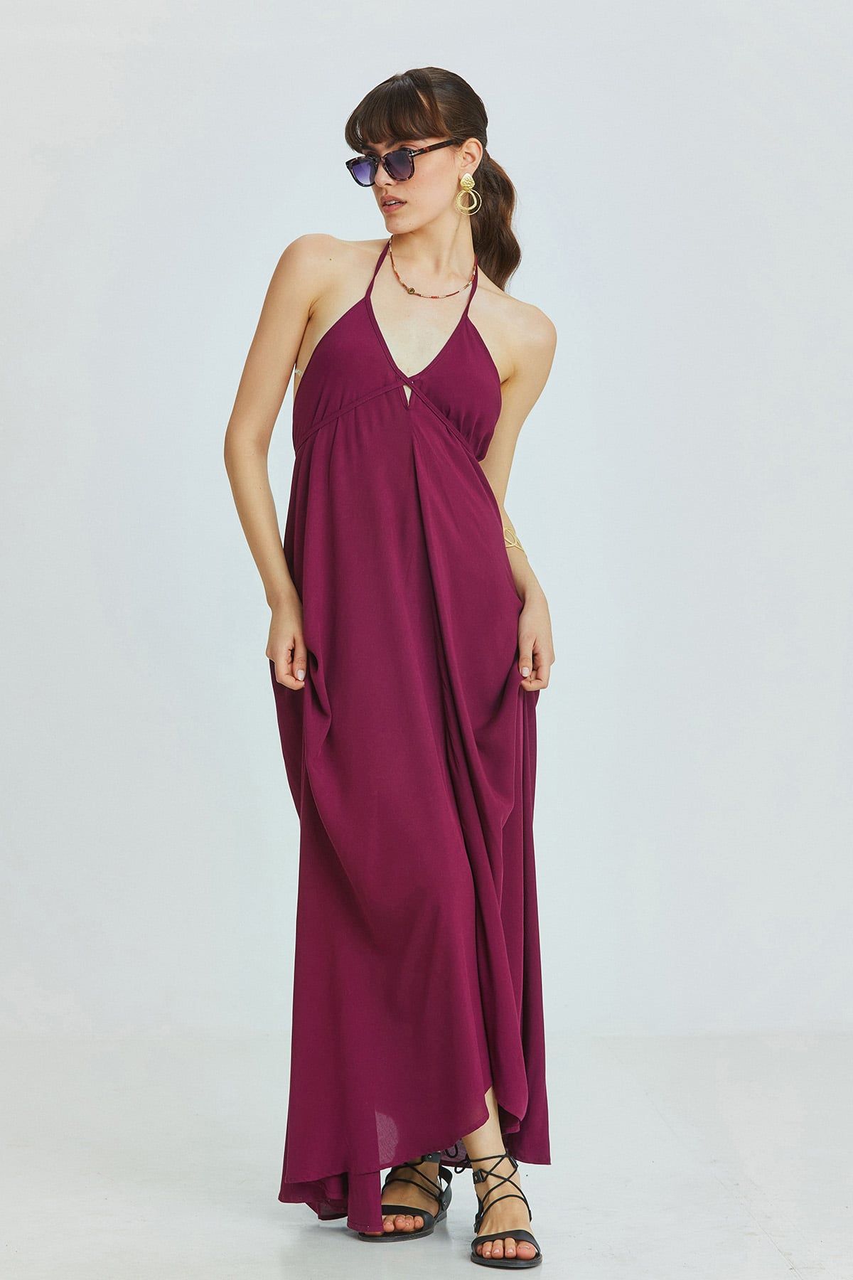 Asymmetric Purple Bohemian Dress with Deep Back Neckline