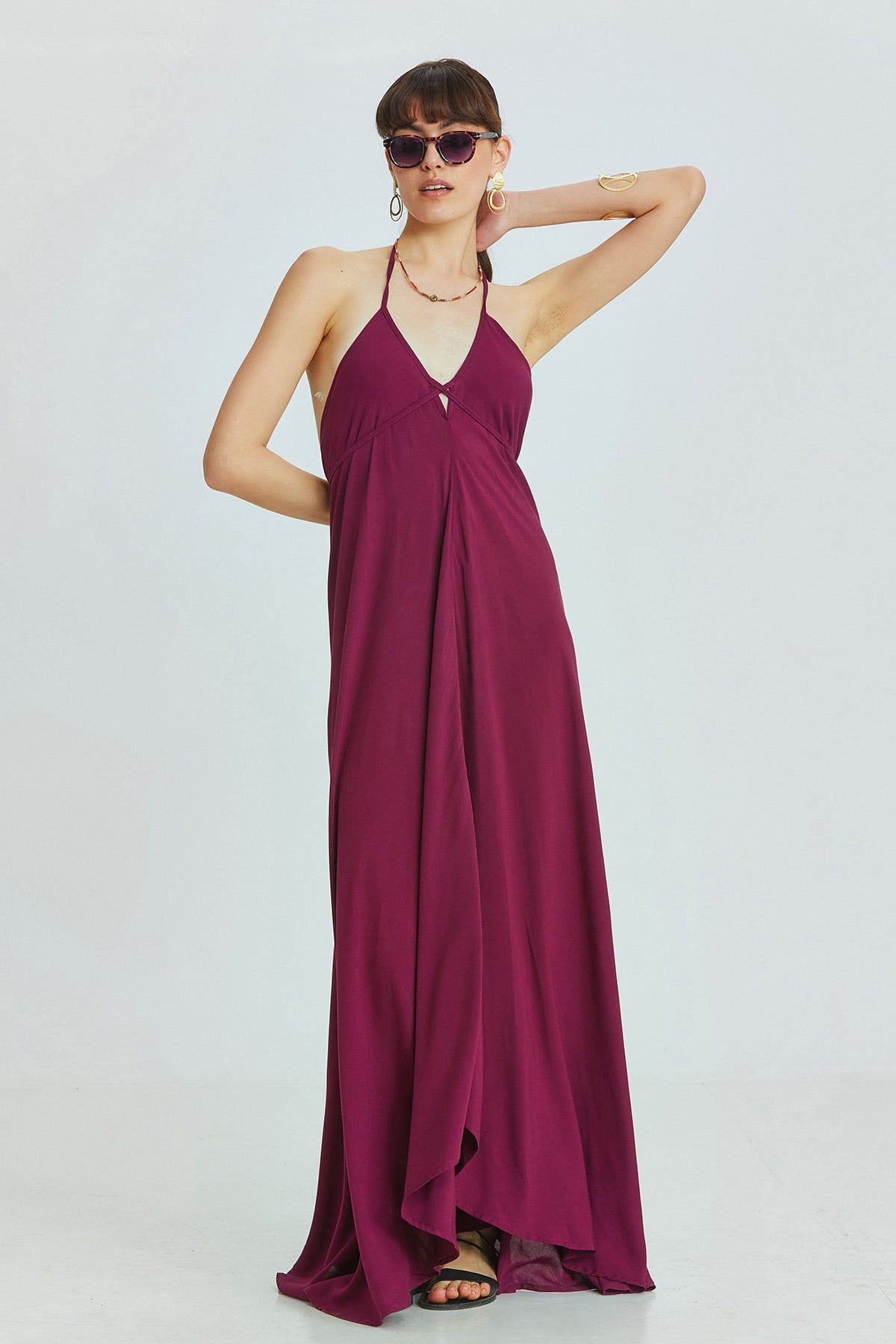 Asymmetric Purple Bohemian Dress with Deep Back Neckline