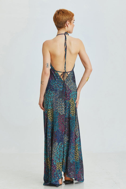 Asymmetric Turquoise Bohemian Dress with Ethnic Pattern