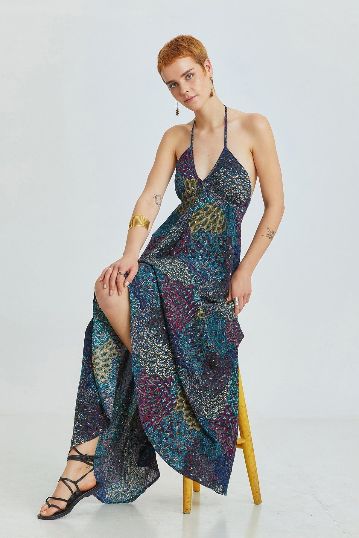 Asymmetric Turquoise Bohemian Dress with Ethnic Pattern