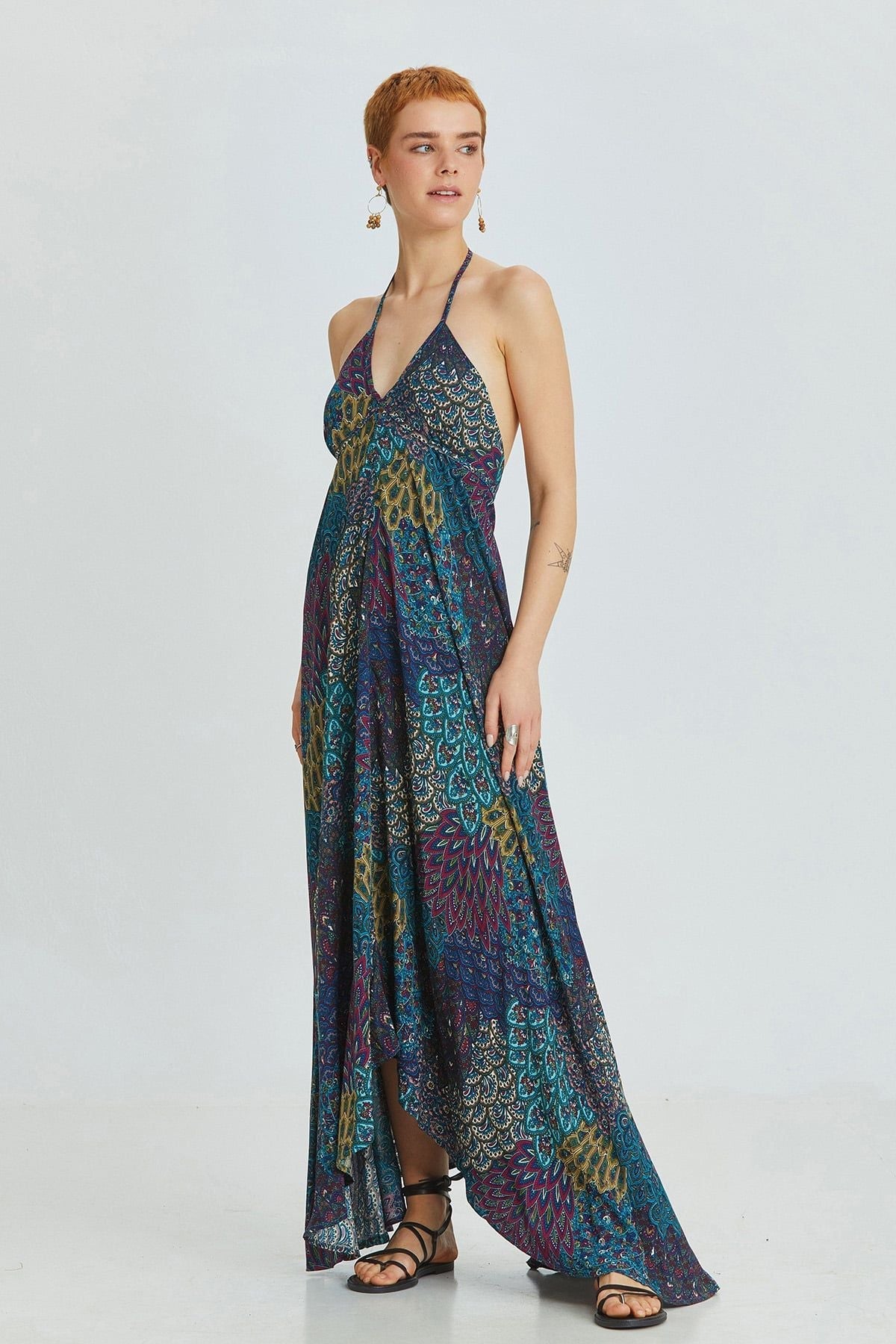 Asymmetric Turquoise Bohemian Dress with Ethnic Pattern