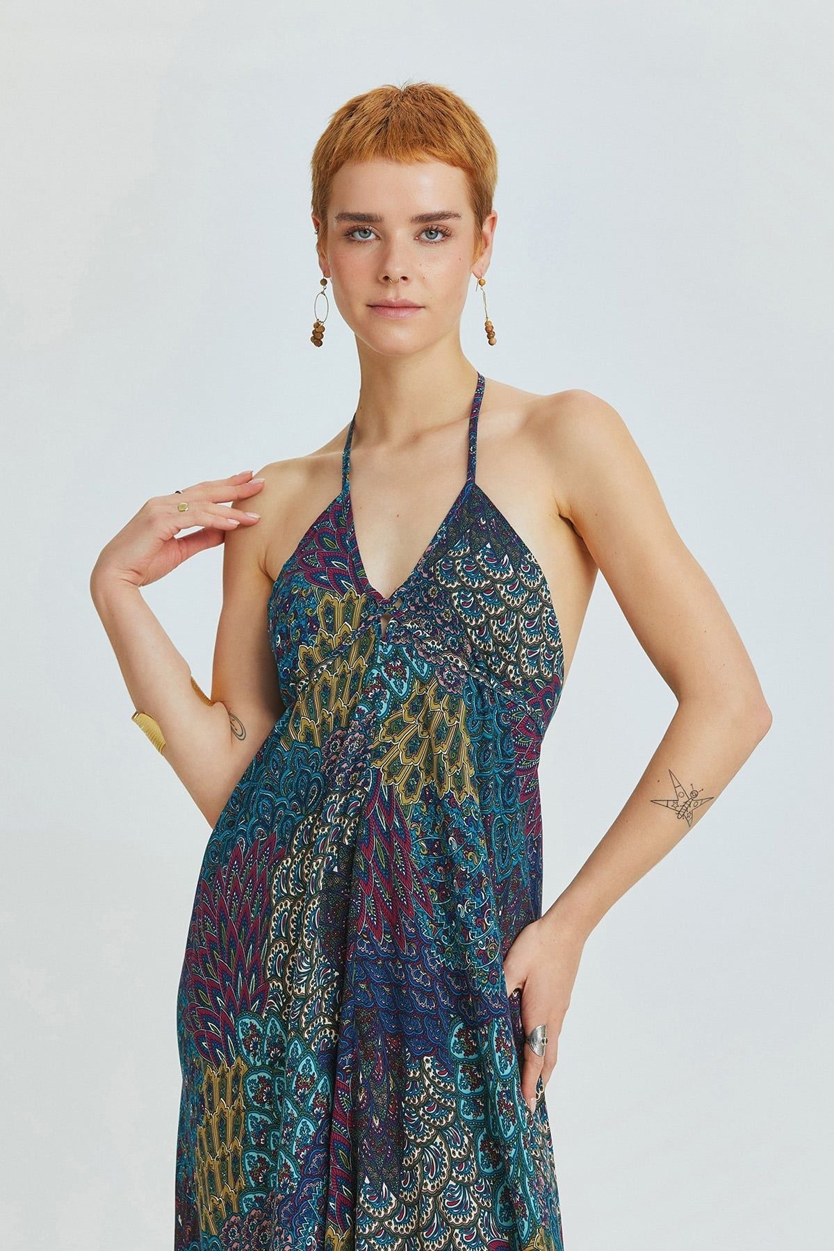 Asymmetric Turquoise Bohemian Dress with Ethnic Pattern