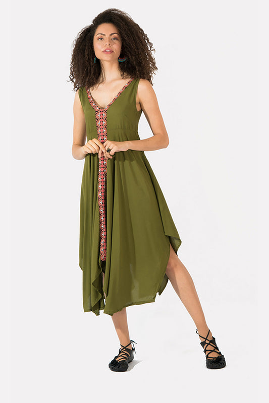 Khaki Asymmetric Casual Authentic Flared Dress