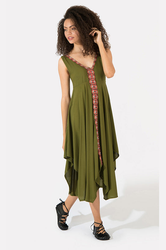 Khaki Asymmetric Casual Authentic Flared Dress