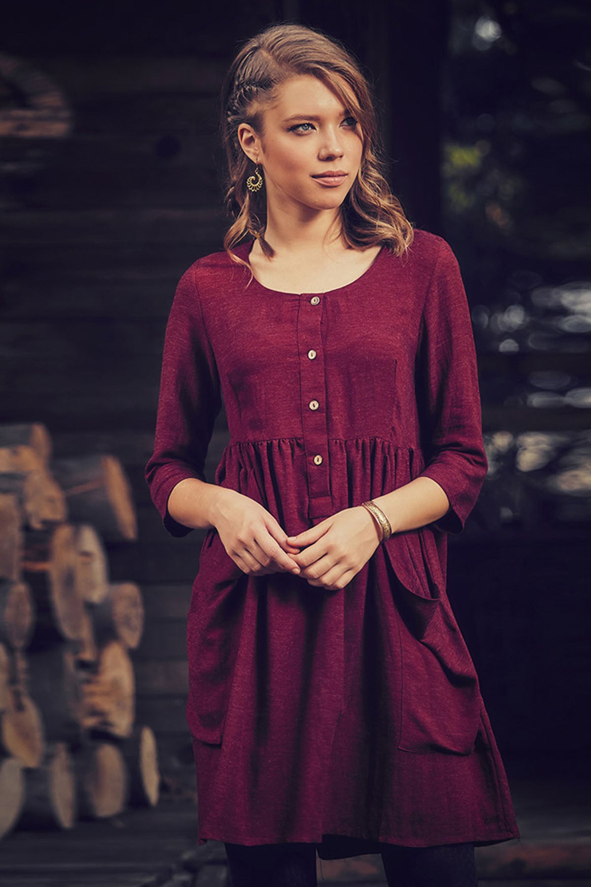 Ruched Mini Winter Dress Maroon