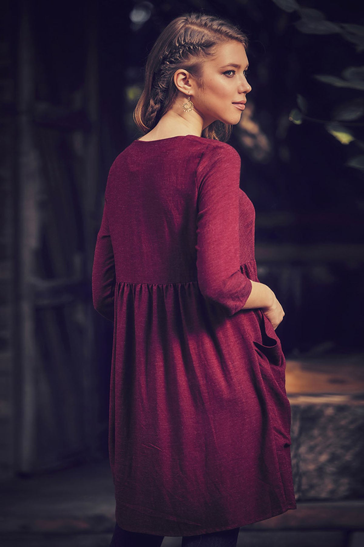 Ruched Mini Winter Dress Maroon