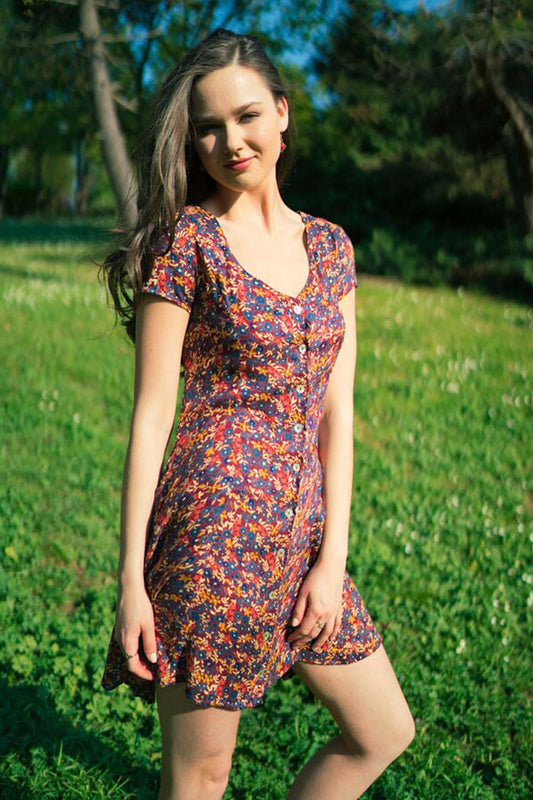 Brown Floral Casual Bohemian Mini Dress