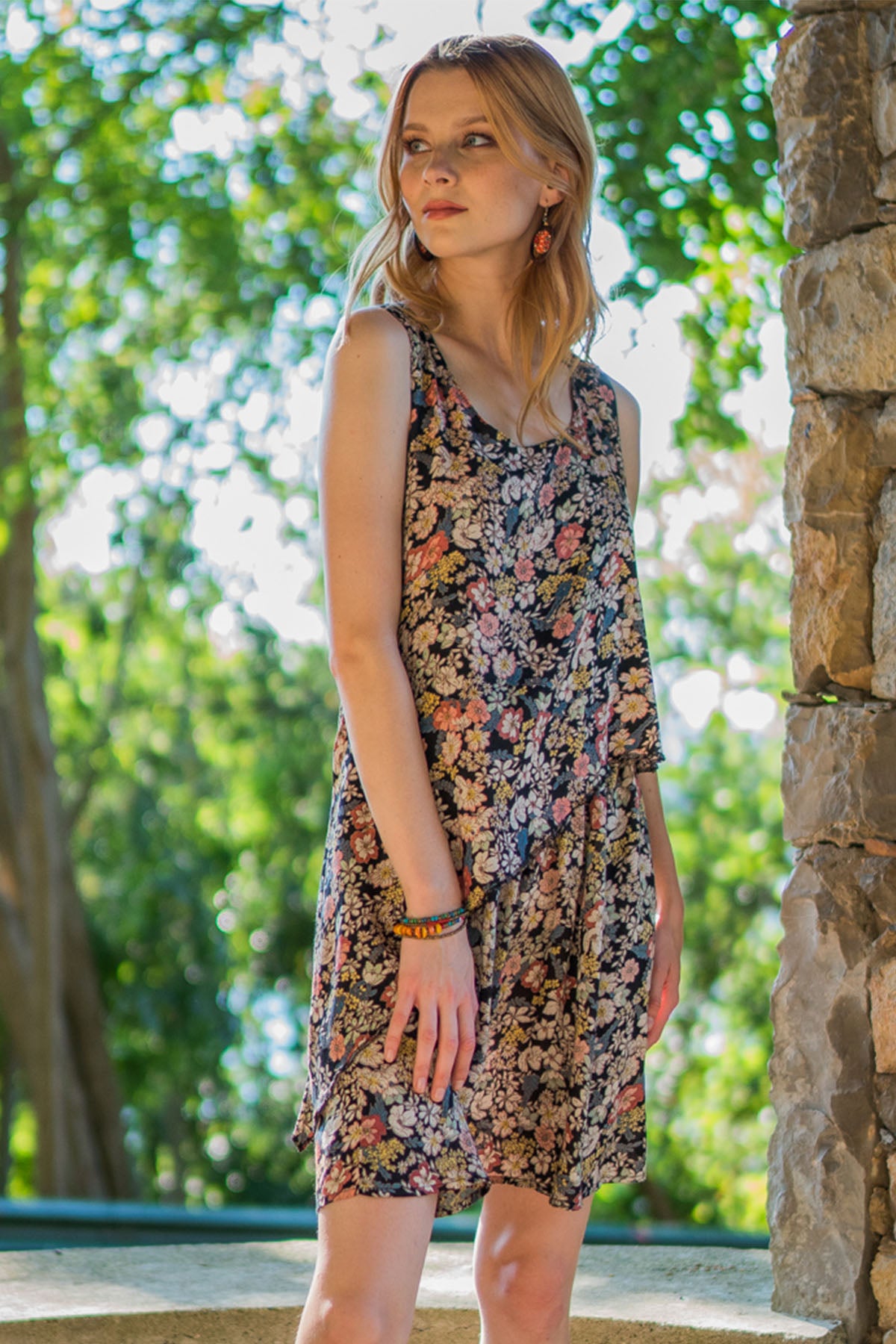 Asymmetric Floral Black Boho Dress