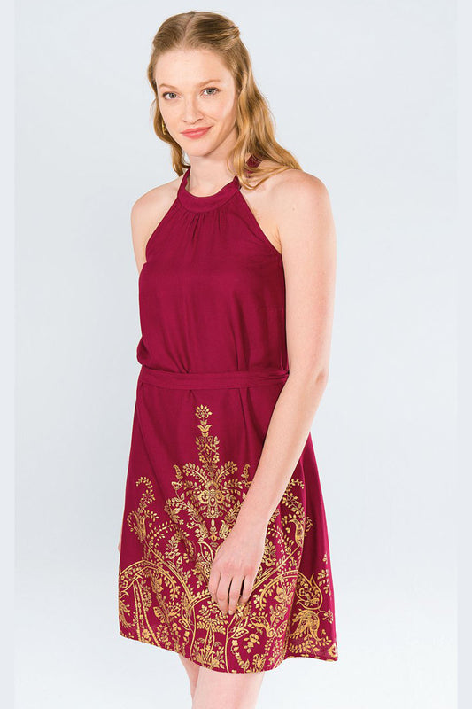 Halter Neck Mini Printed Maroon Dress