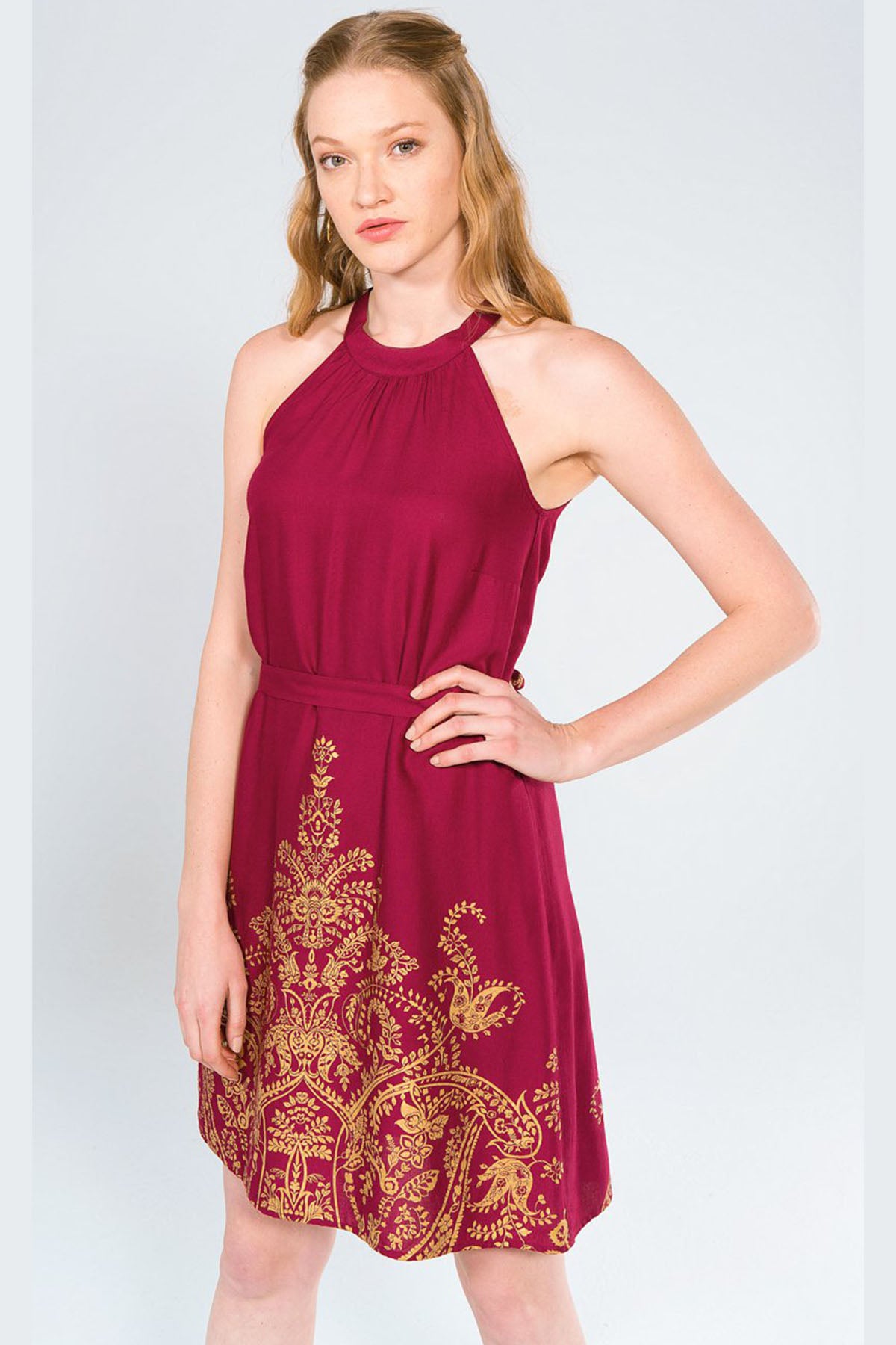 Halter Neck Mini Printed Maroon Dress