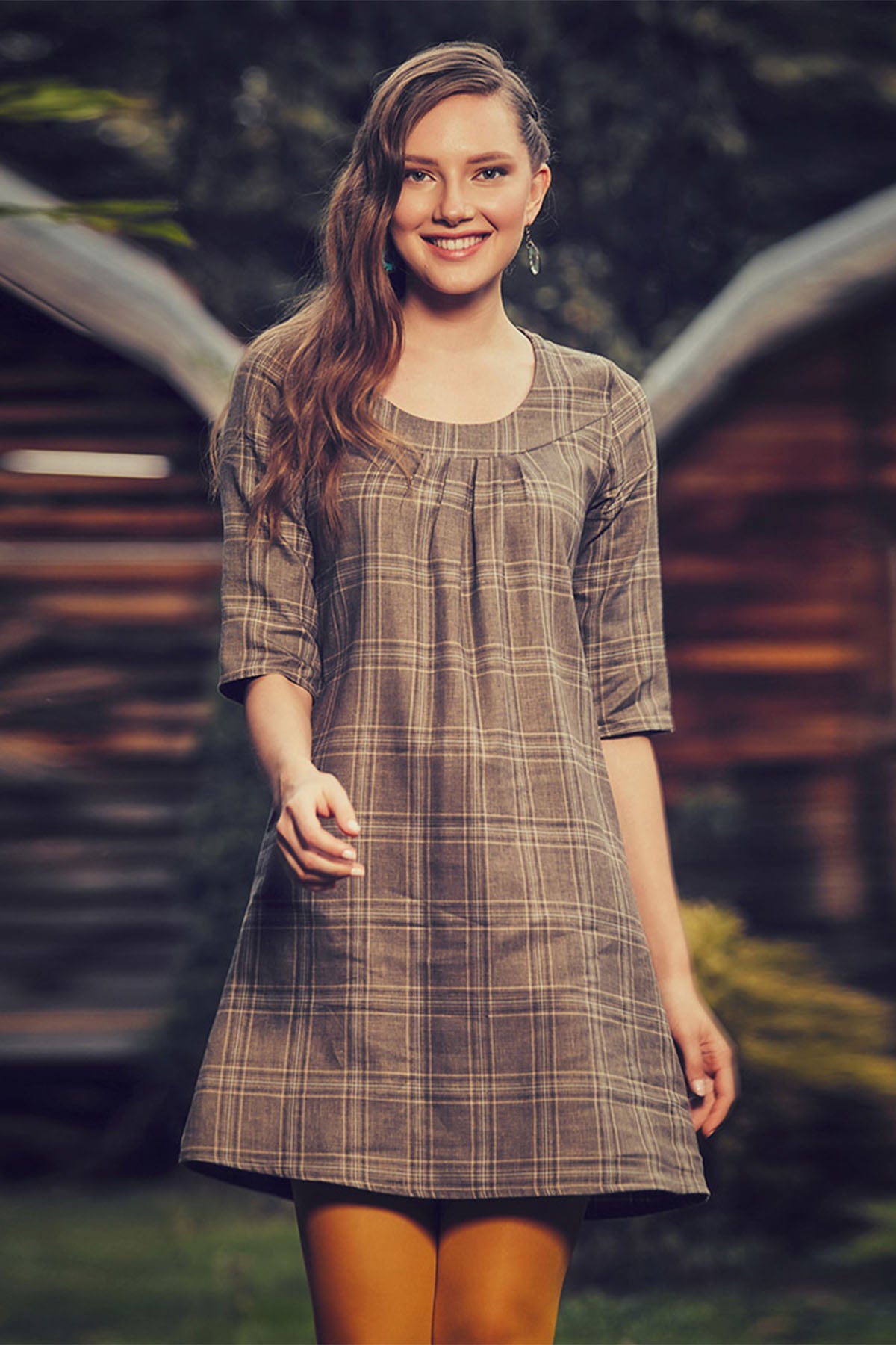 Crew Neck Camel Boho Dress