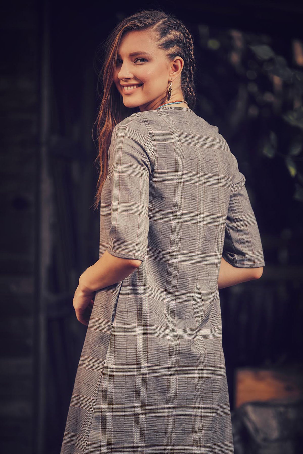 Crew Neck Brown Boho Dress