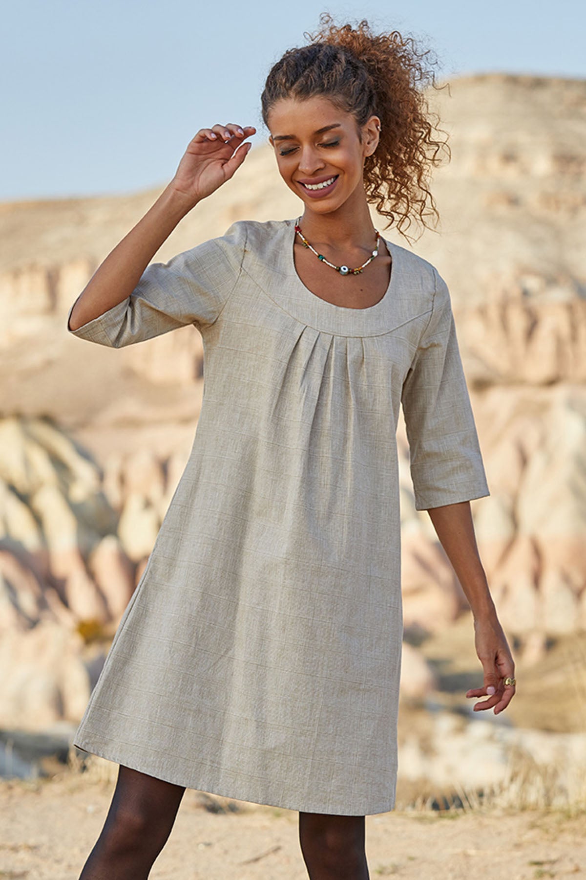 Crew Neck Beige Boho Dress