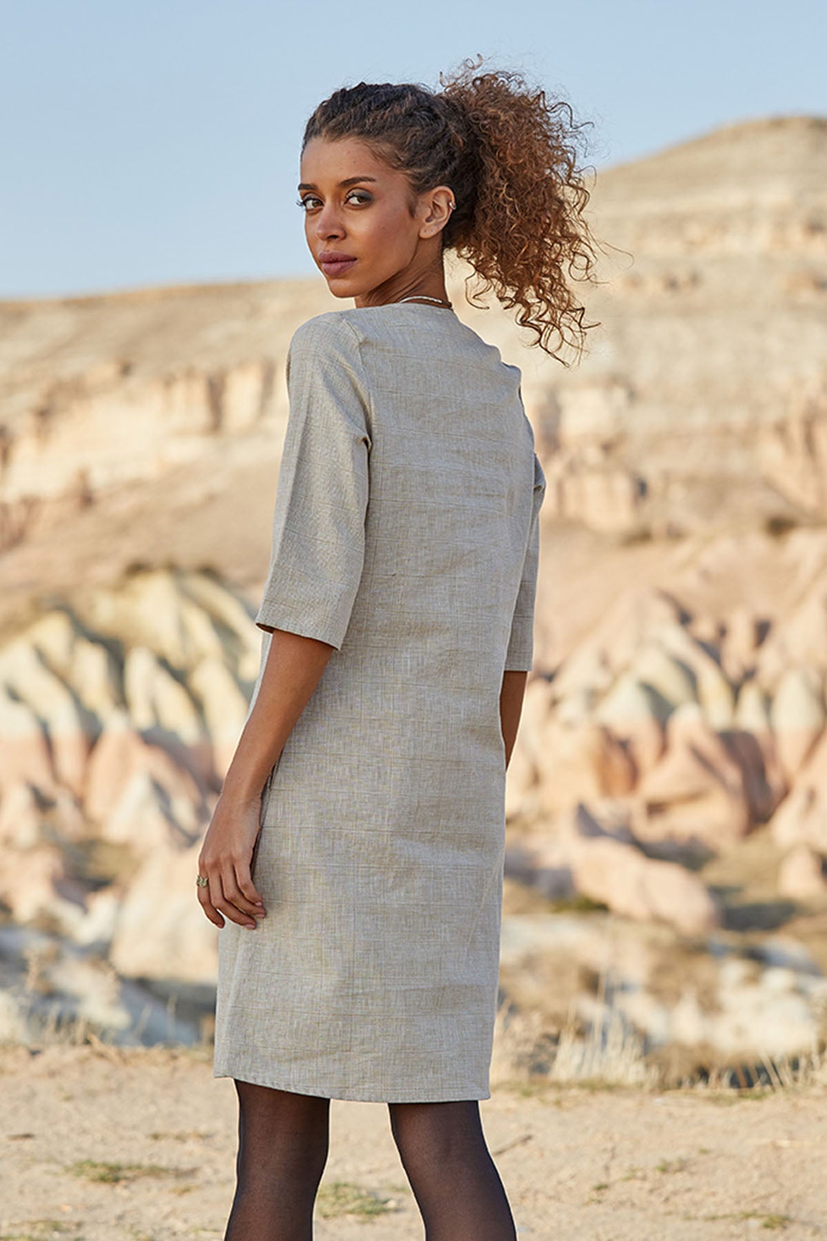 Crew Neck Beige Boho Dress