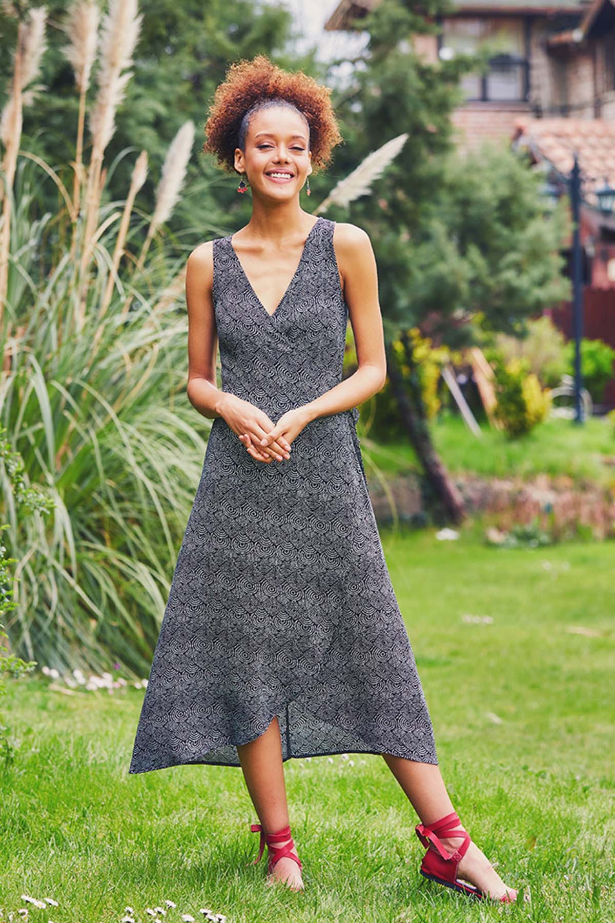 Printed Wrap Summer Dress Black