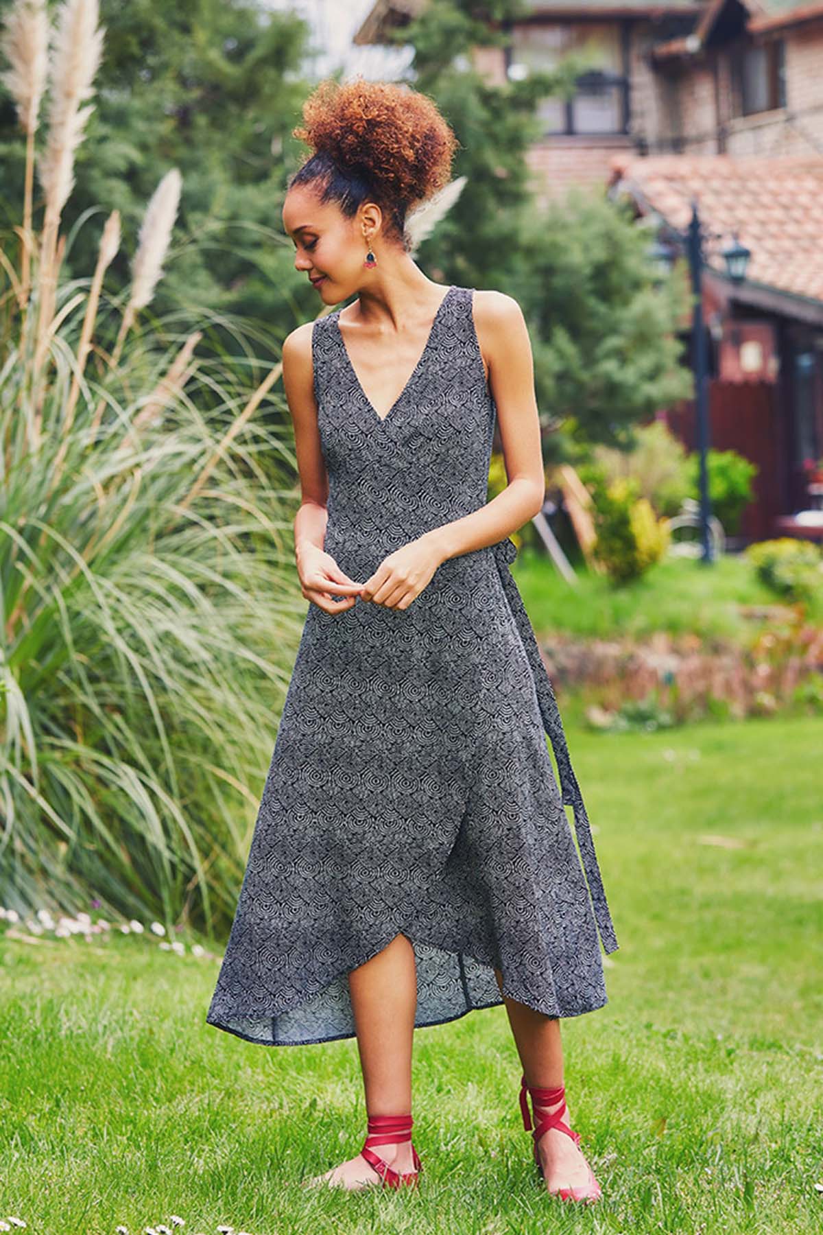 Printed Wrap Summer Dress Black