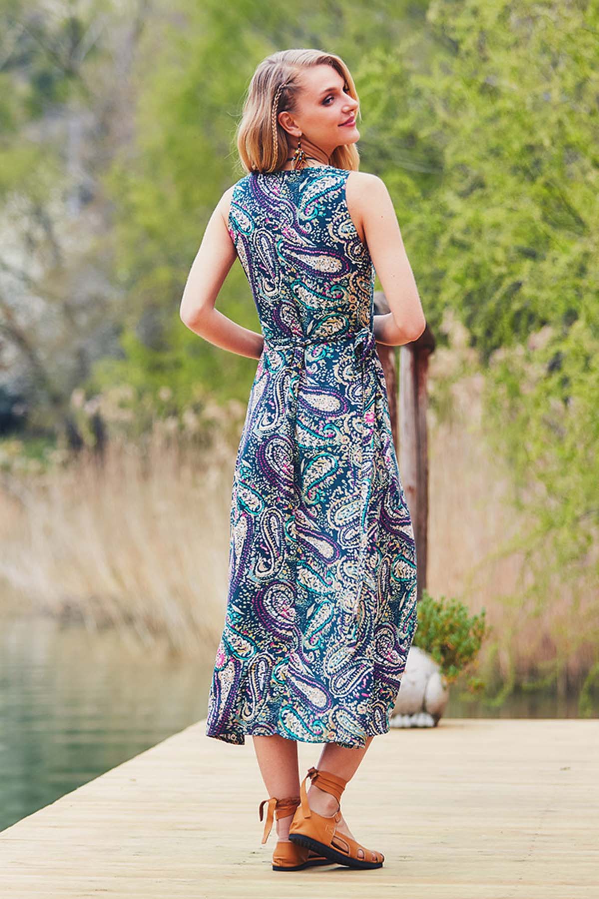 Paisley Wrap Summer Dress Petrol Blue