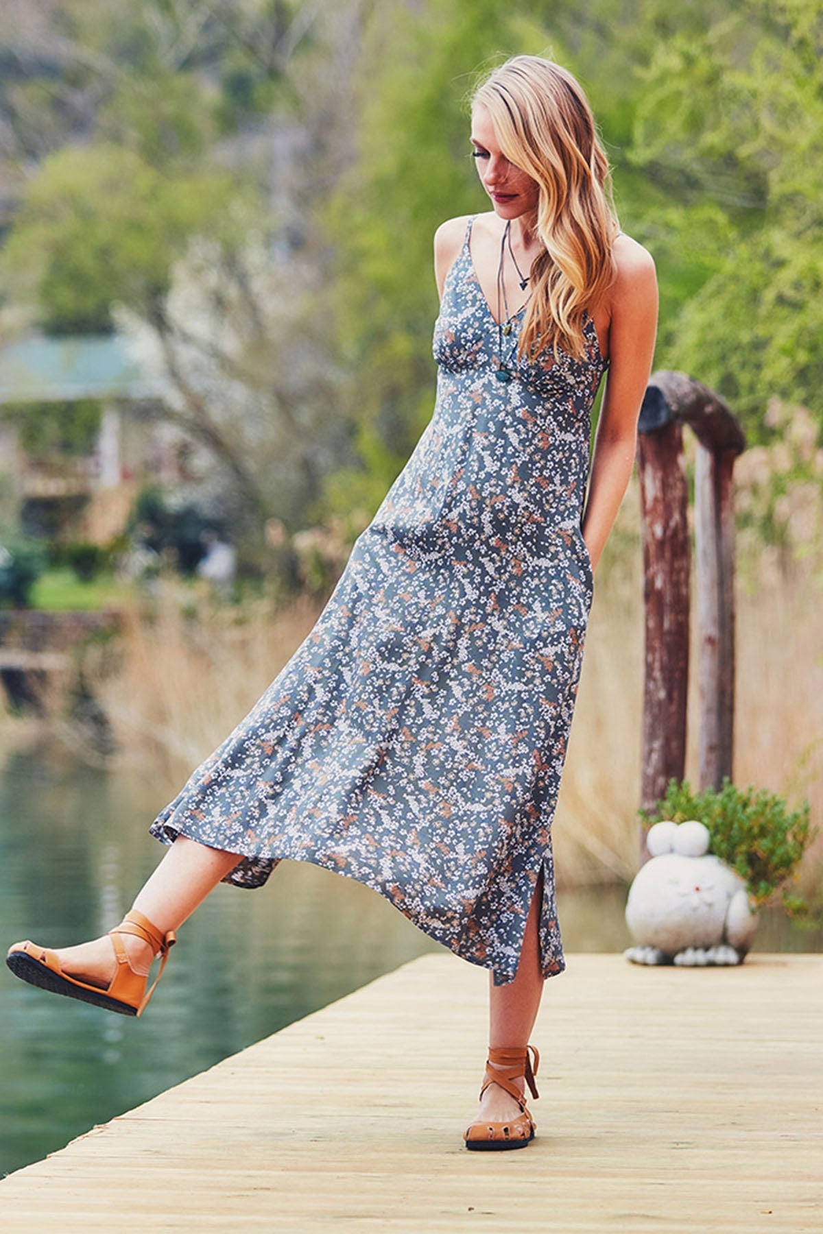 Green Floral Strapped Bohemian Casual Dress