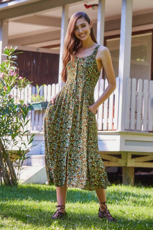 Button Up Floral Long Dress Green